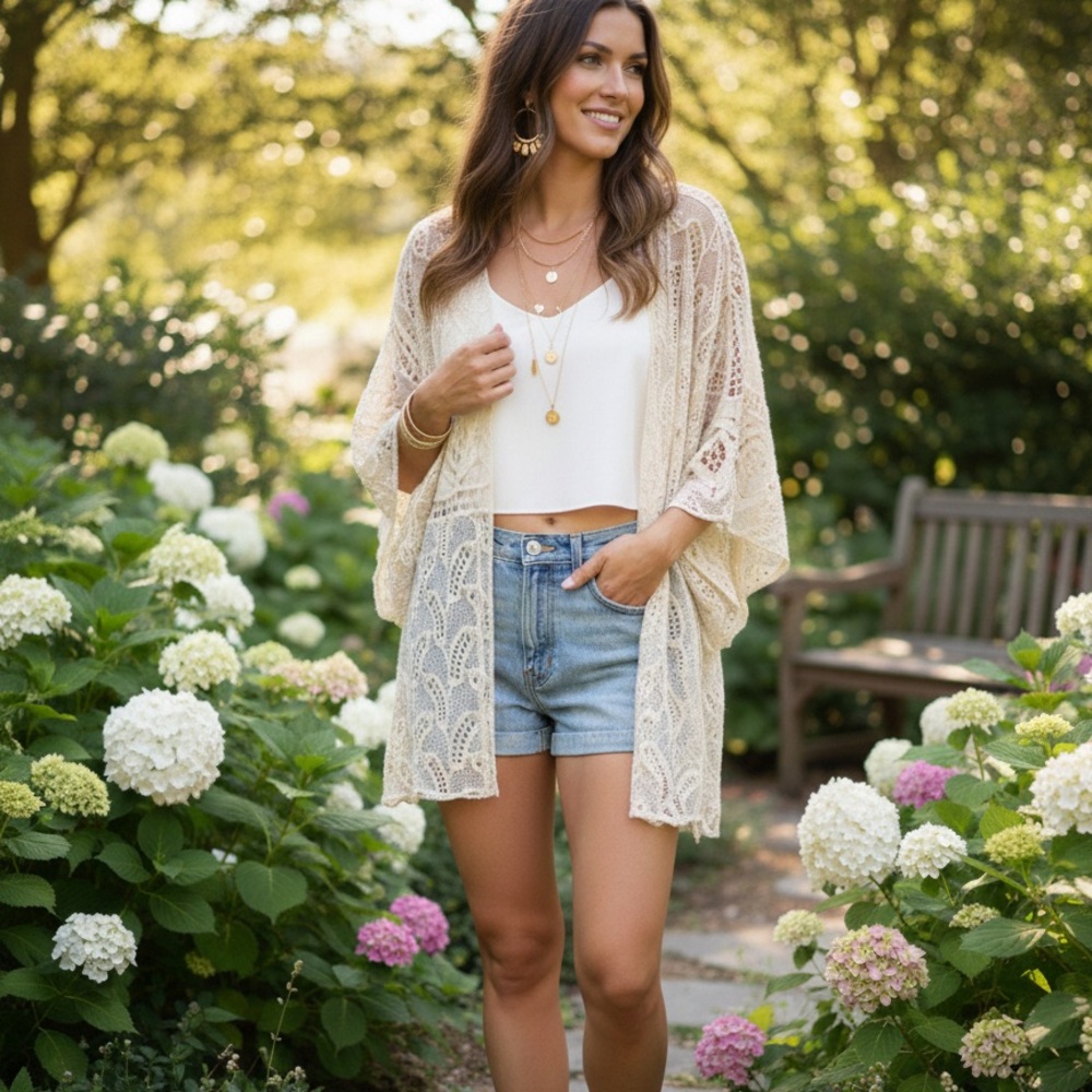 Paparazzi Cream Lace Kimono Medium 29” ptp